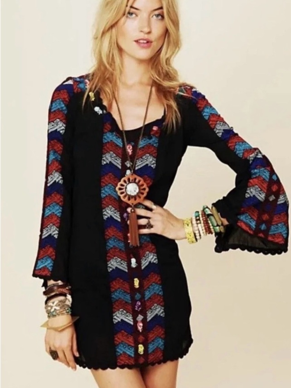 Free People 70’s Vintage Style Embroidered Black Mini Dress - Picture 2 of 4